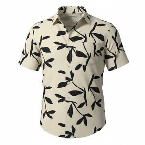 32 Bar Blues Short Sleeve Button Up Shirt Ivory / Navy Blue Floral Men's Size L